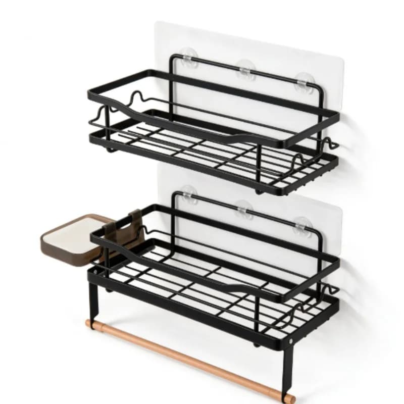 2-Tier Wall-Mounted Bathroom Shelf – Black Metal Rack with Towel Bar Hooks, No-Drill Adhesive Installation for Shower Storage