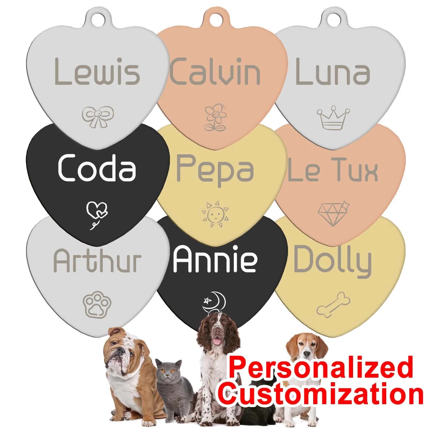 Etichette identificative per cani da compagnia a forma di cuore per collare per animali domestici, gattini, cuccioli, etichette identificative personalizzate, collari per cani con osso a cuore inciso, accessori per gatti personalizzati