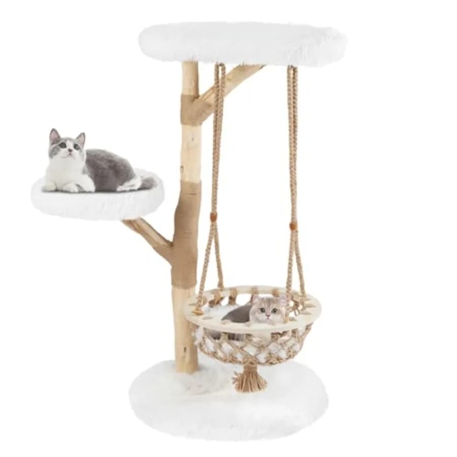 Tiragraffi per Gatti in Legno Massello 48.5, Design Moderno a Rami Naturali, con Culla Sospesa di Lusso, Tiragraffi in Juta e Piattaforma Imbottita sulla Parte Superiore
