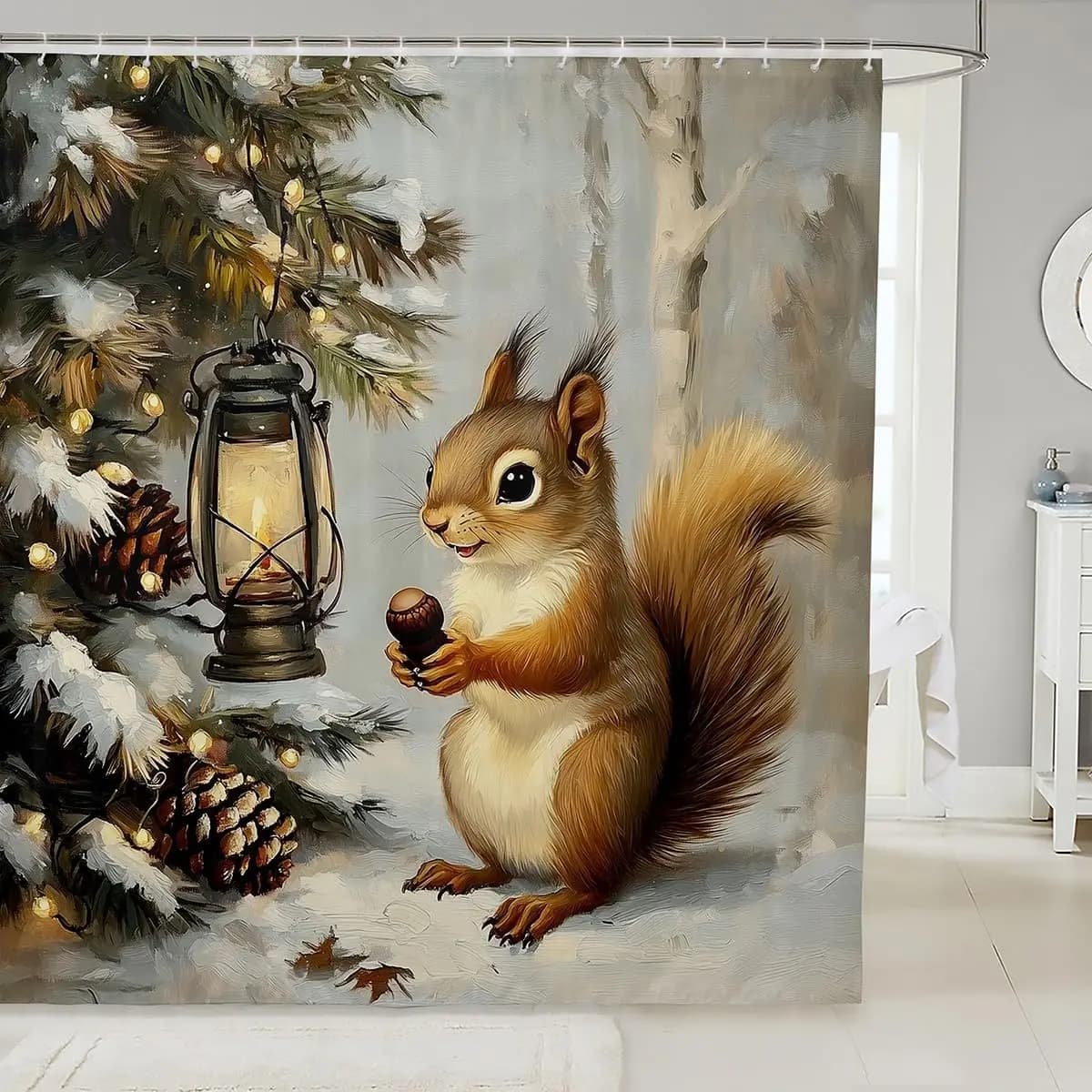 Tenda da doccia scoiattolo carino fattoria inverno giungla tende da bagno in stile rustico per bambini adolescenti adulti pigne di animali selvatici