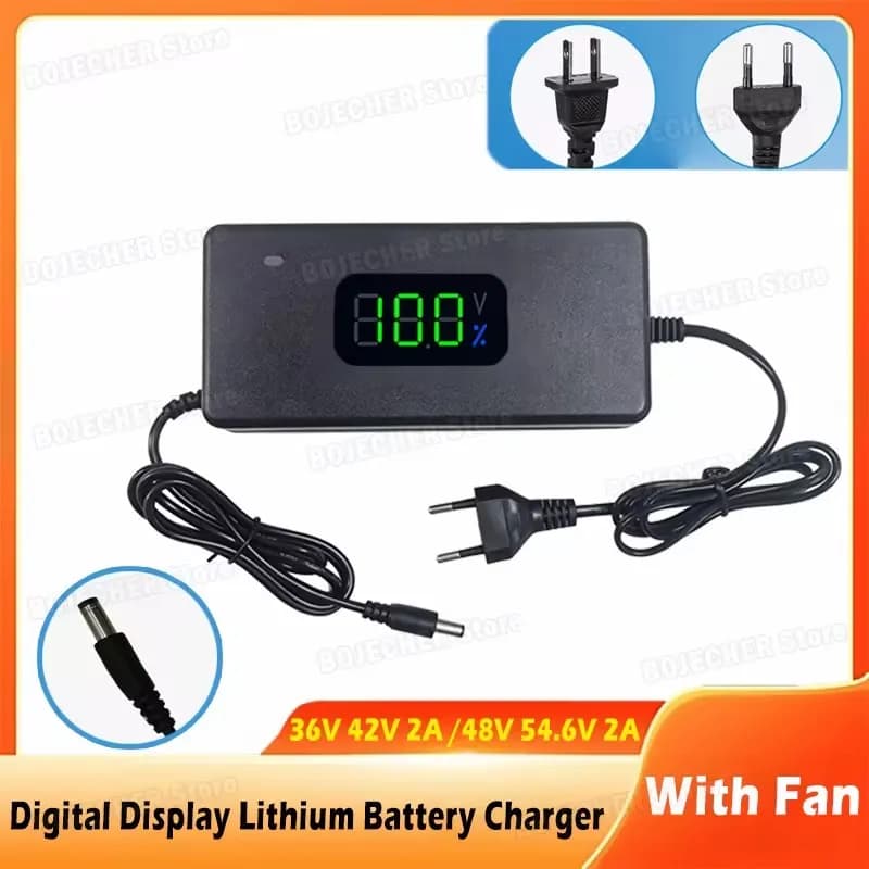 AC100-240V Digital Display Lithium Battery Charger 36V 42V / 48V 54.6V 2A Power Supply Adapters DC Plug With Cooling Fan EU US