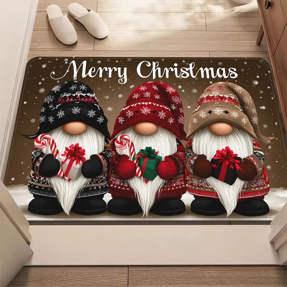 1Pc of a Door Mat Featuring Three Gnomes with Gifts, Made of 700Gsm Non-Slip Material This Microfiber Rug Is Absorbent, Machine Washable, and Suitable for Use in Bedrooms, Living Rooms, Entrances, as Well as for Camping and Picnics.