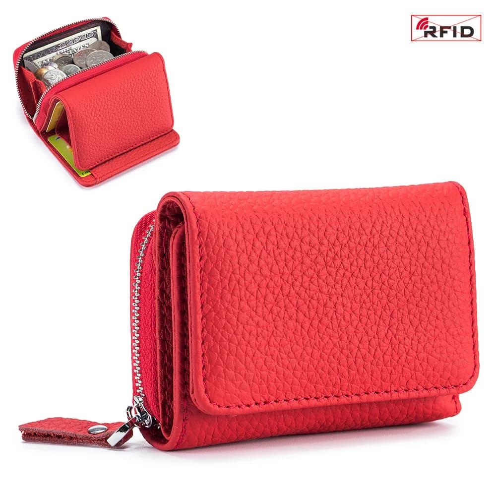 Portafoglio da donna in vera pelle Portamonete con cerniera piccola Portamonete da donna corto in pelle di mucca Borsa per soldi con carta RFID Regalo per le donne