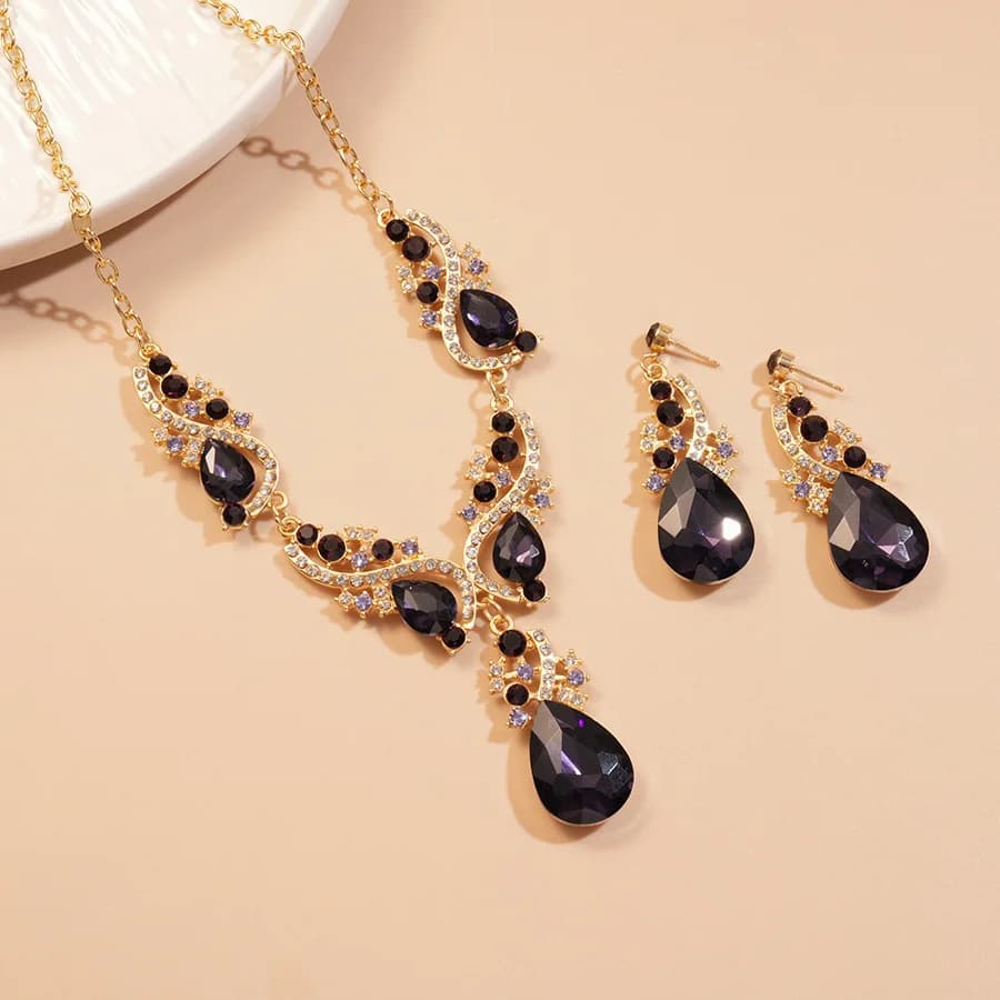 3 pezzi intarsiati con strass viola goccia d'acqua collana orecchini set di gioielli per le donne nuovi accessori da sposa per feste alla moda