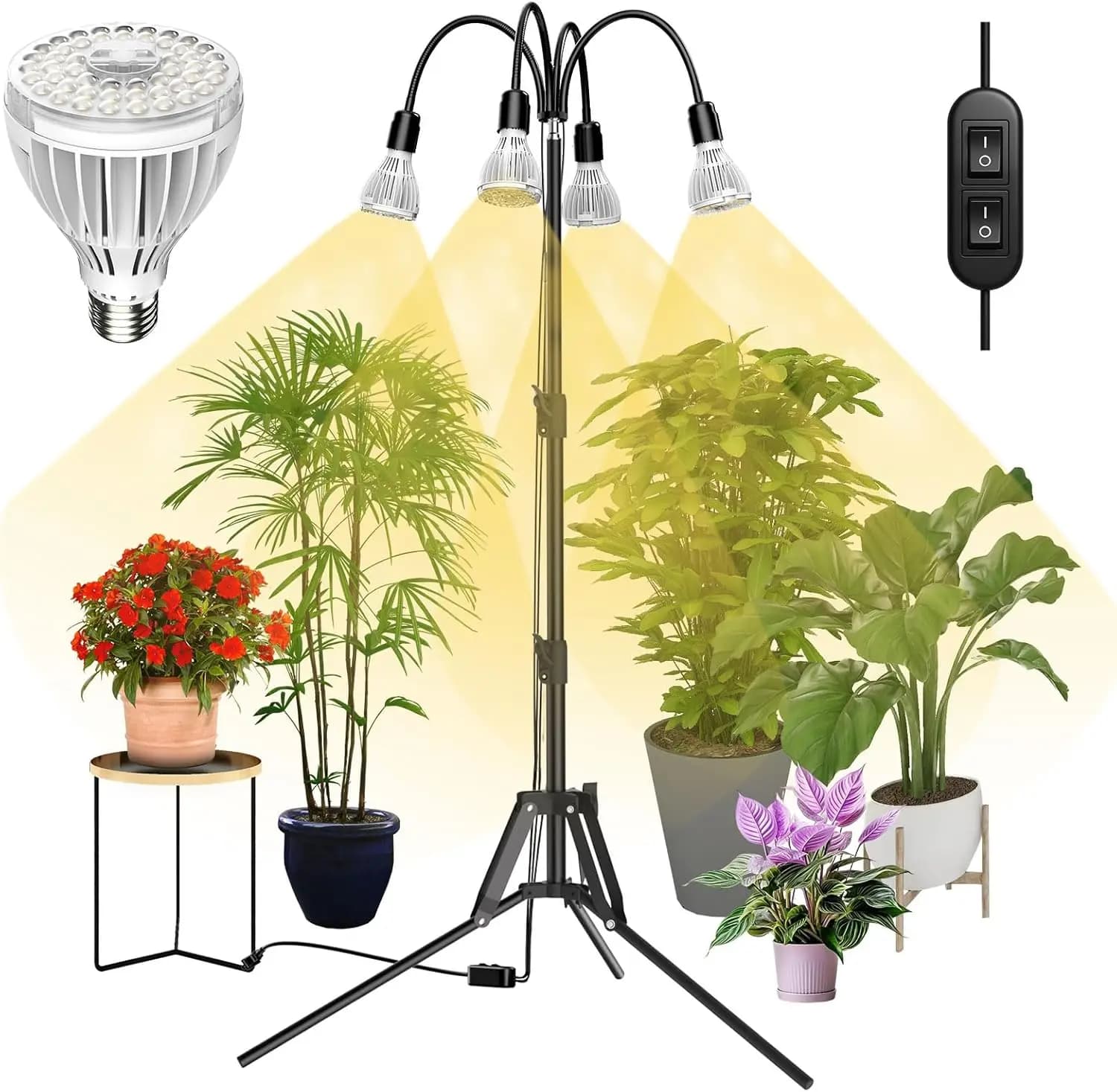 Lampada per Coltivazione Piante a Spettro Completo 128W, Alto PPFD 380, Supporto Treppiede Regolabile 35-64 Pollici, Confezione da 4