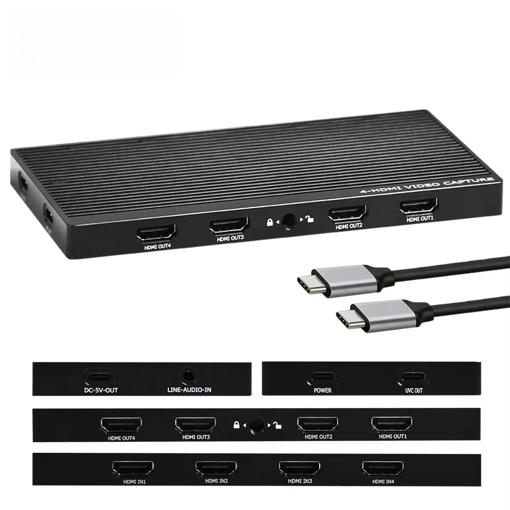4 Channels 4K60 HDMI Capture Card 4 in 1 Out UVC USB 3.0 Video Capture with 4 HDMI Loopout for OBS