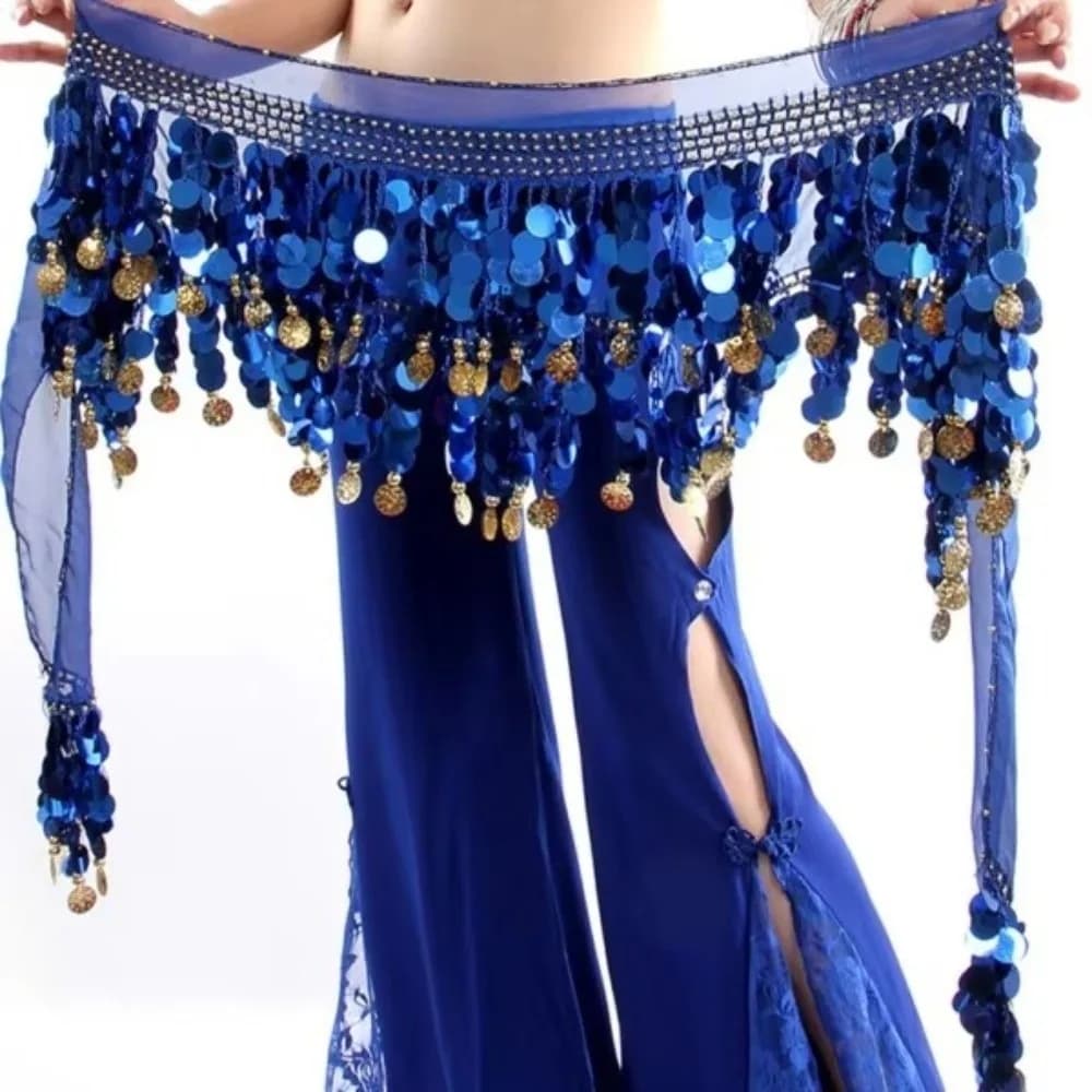 Fashionable Belly Dance Belt Fan Dance Scarf Nappa with Gold Color Coin Chain Life Sequins Women's Belt Gonna Show Costume