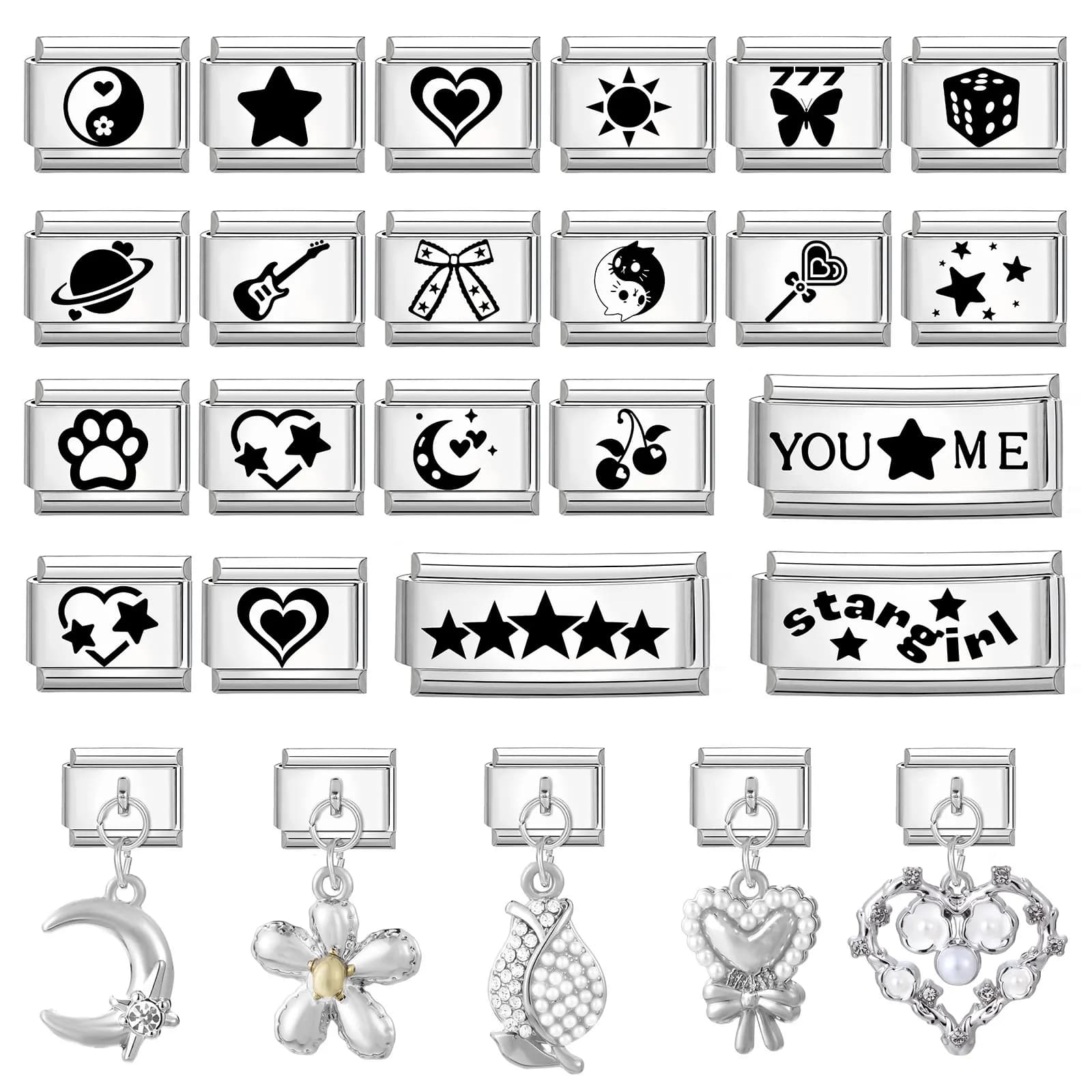 Laser Engraving Star Heart Moon Tai Chi Sole Dadi Italian Pendants Suitable Links 9mm Stainless Steel Man Women's Gifts