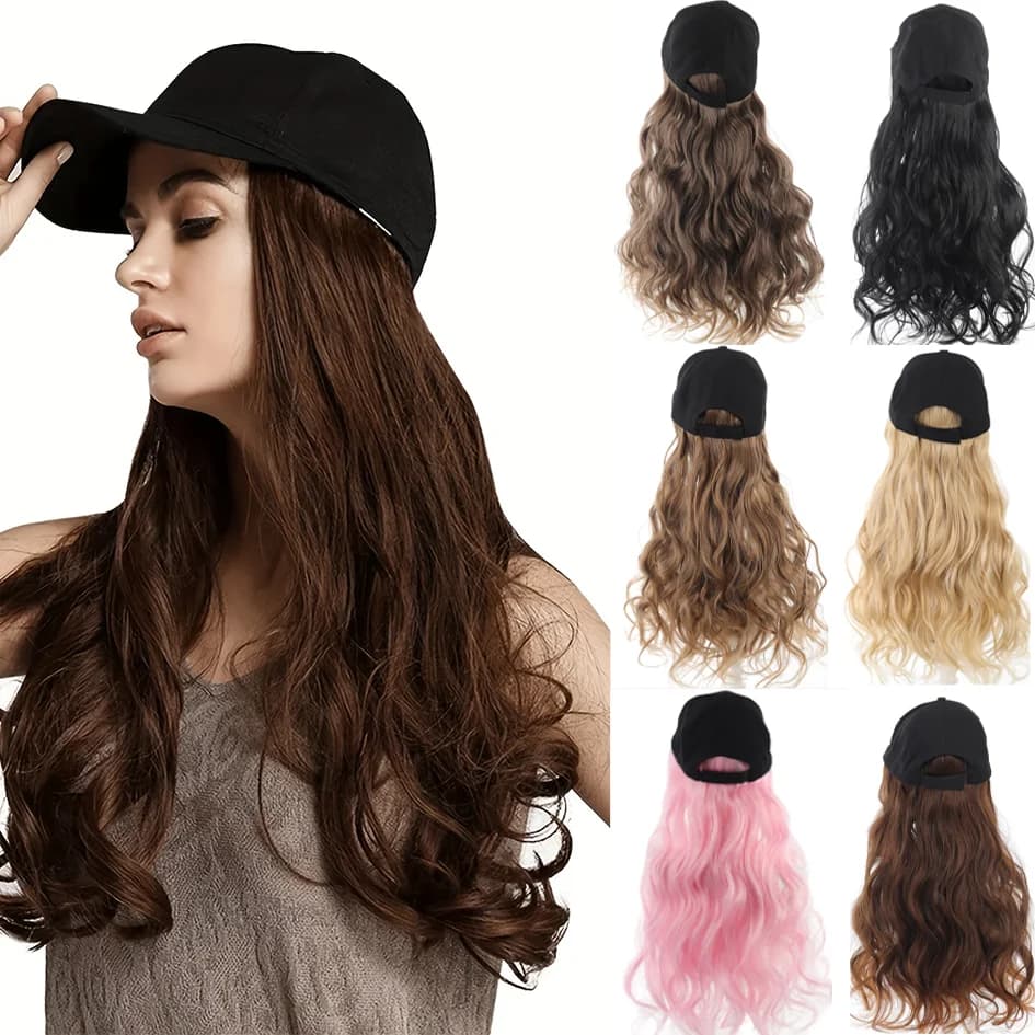 Parrucca sintetica con cappello da baseball da 20 pollici, nera, ondulata, con coda di papera, bionda, marrone, rosa, extension per capelli, Natale