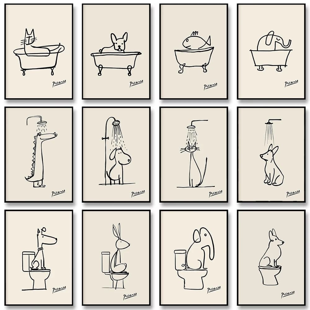 Cartoon Animals in Bathtub Bathroom Shower Dog Cat Toilet Print Canvas Painting Wall Art Poster Picture Home Decor Mural Cuadros