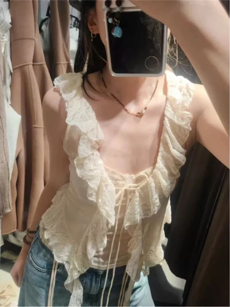 Top sottile da donna con scollo a V e allacciatura all'americana, stile Spicy Girl, con bordo in pizzo e cintura, taglio dritto, ideale per il commuting