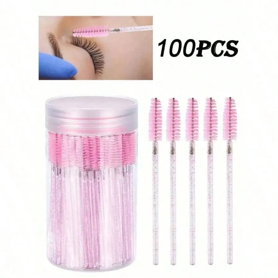 100 crystal pink eyelashes brushes, mascara applicators with storage box, foldable disposable eyebrow brushes, eyelash extension brushes, eyebrow brushes, castor oil brushes, eye brushes, spiral brushes, gifts