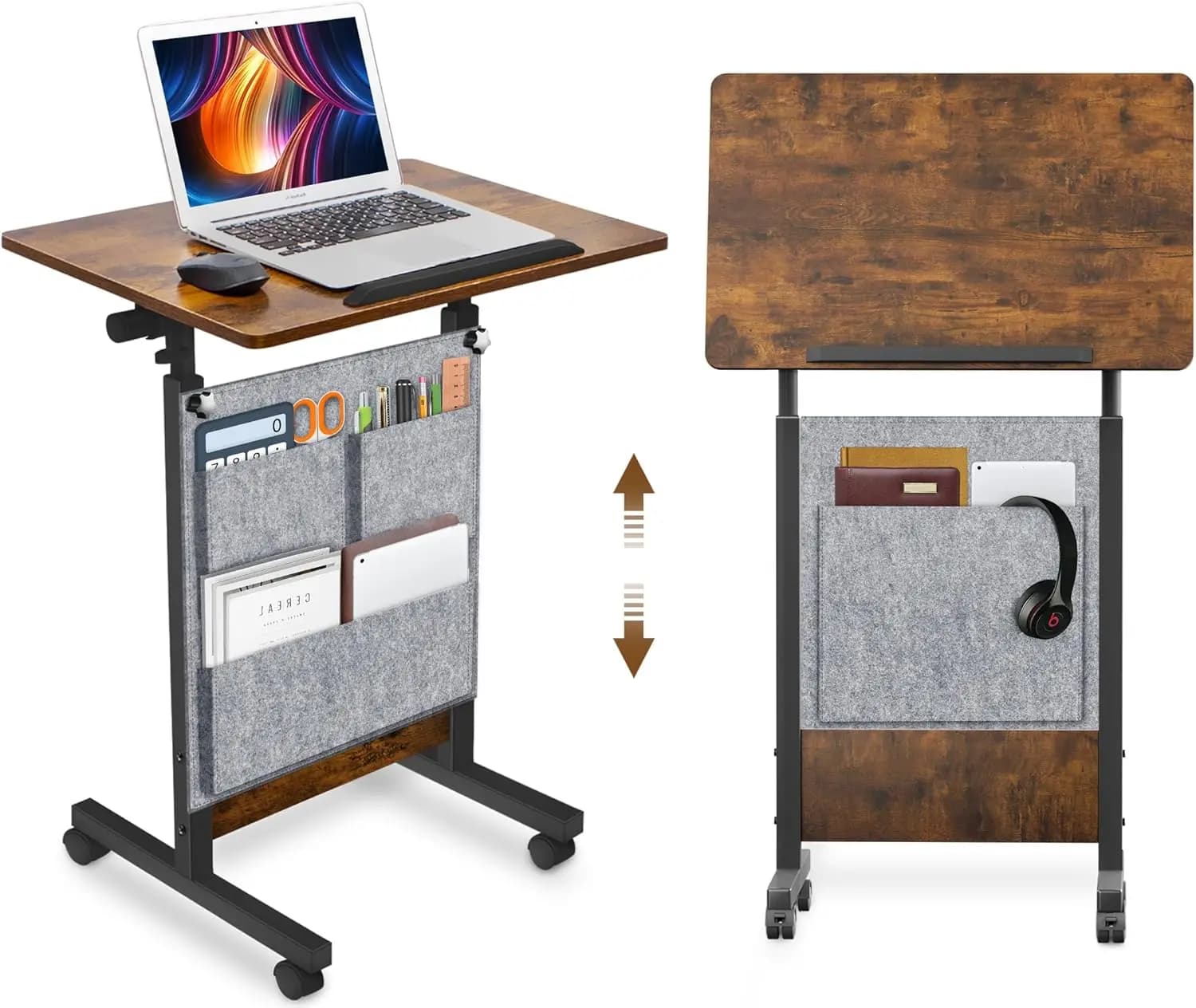 Scrivania in piedi regolabile con custodia, tavolo mobile portatile con rotelle, 360 ° Scrivania per laptop ribaltabile per l'home office in marrone rustico