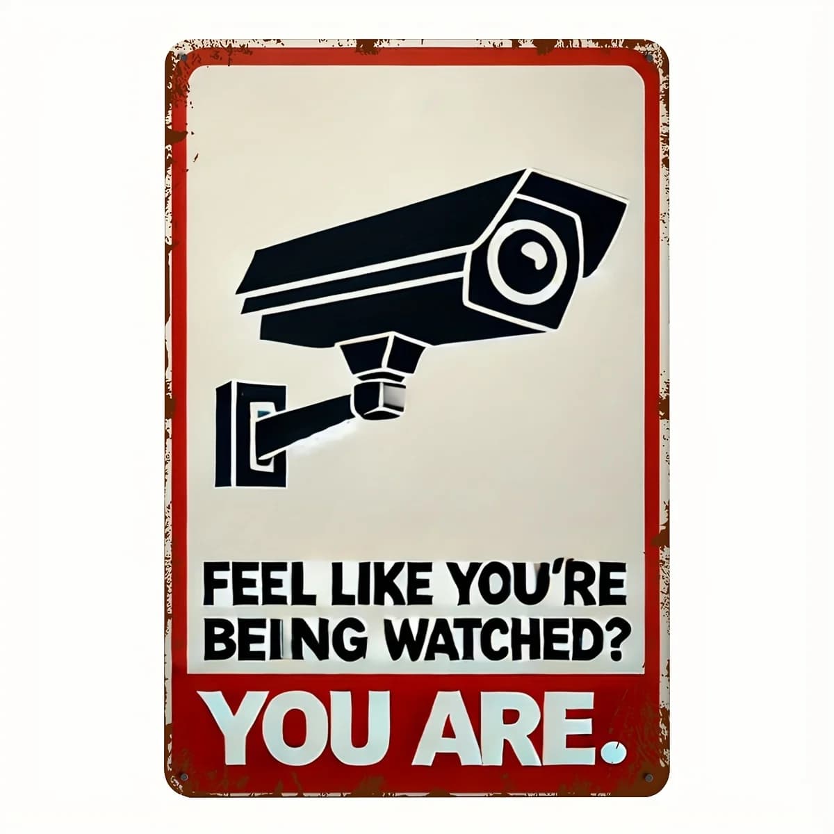 Funny warning signal for security camera: "You feel like being watched? "Metal Wall Decoration with Red Edge - Surveillance Decoration f