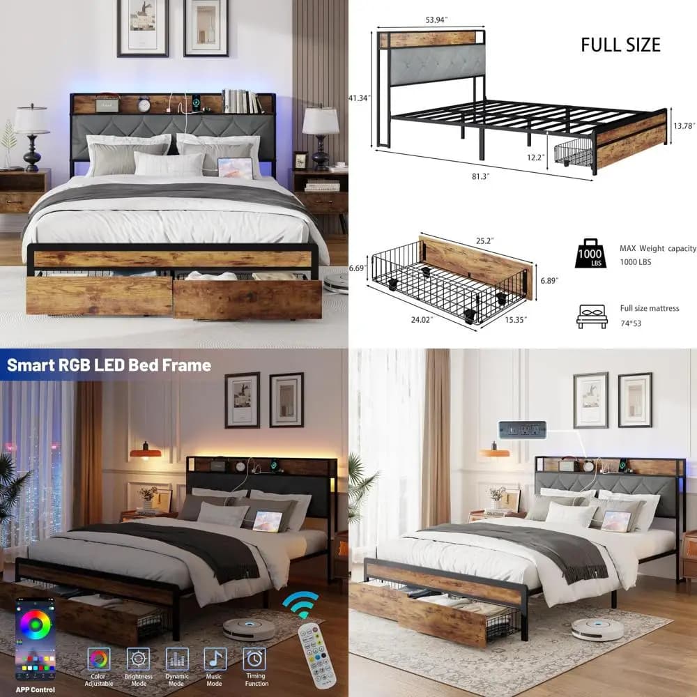 Bed with metal platform and brown velvet coating, with quilted buttons, storage drawers, LED light, USB port, durable wood panel, without spring net