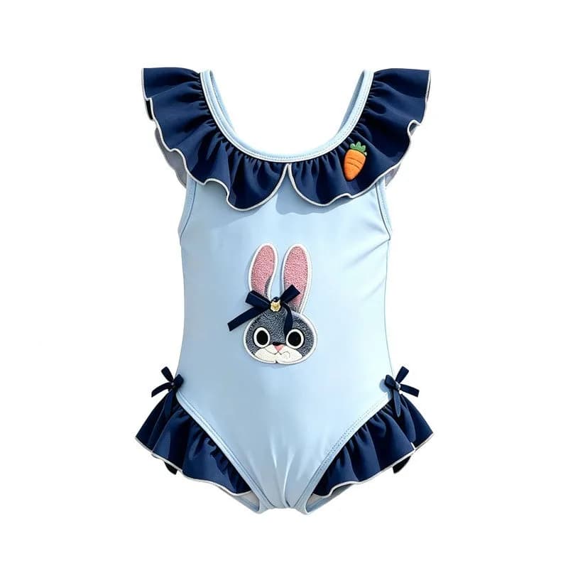 Girls Swimwears Stretchy Quick Dry One Piece Swimsuit Cartoon Rabbit Long Sleeve UPF50+ Sun Protection Kids Beach Swimwear