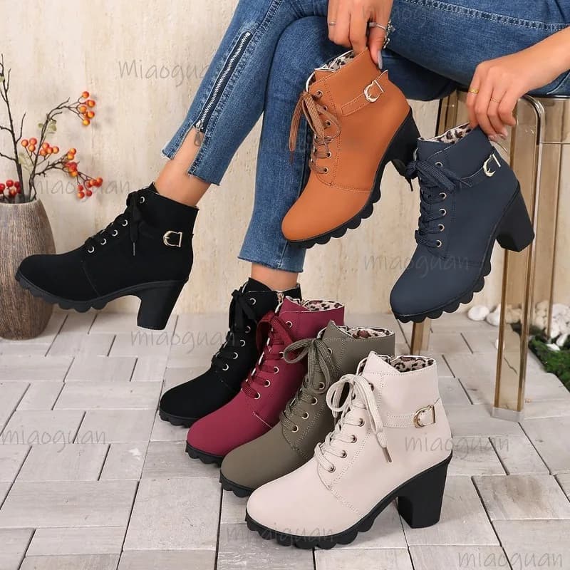 Plus Size 36-43 Women's Ankle Boots Autumn Winter Chunky High Heel Short Boots Round Toe Lace Up Booties Botines Para Mujeres