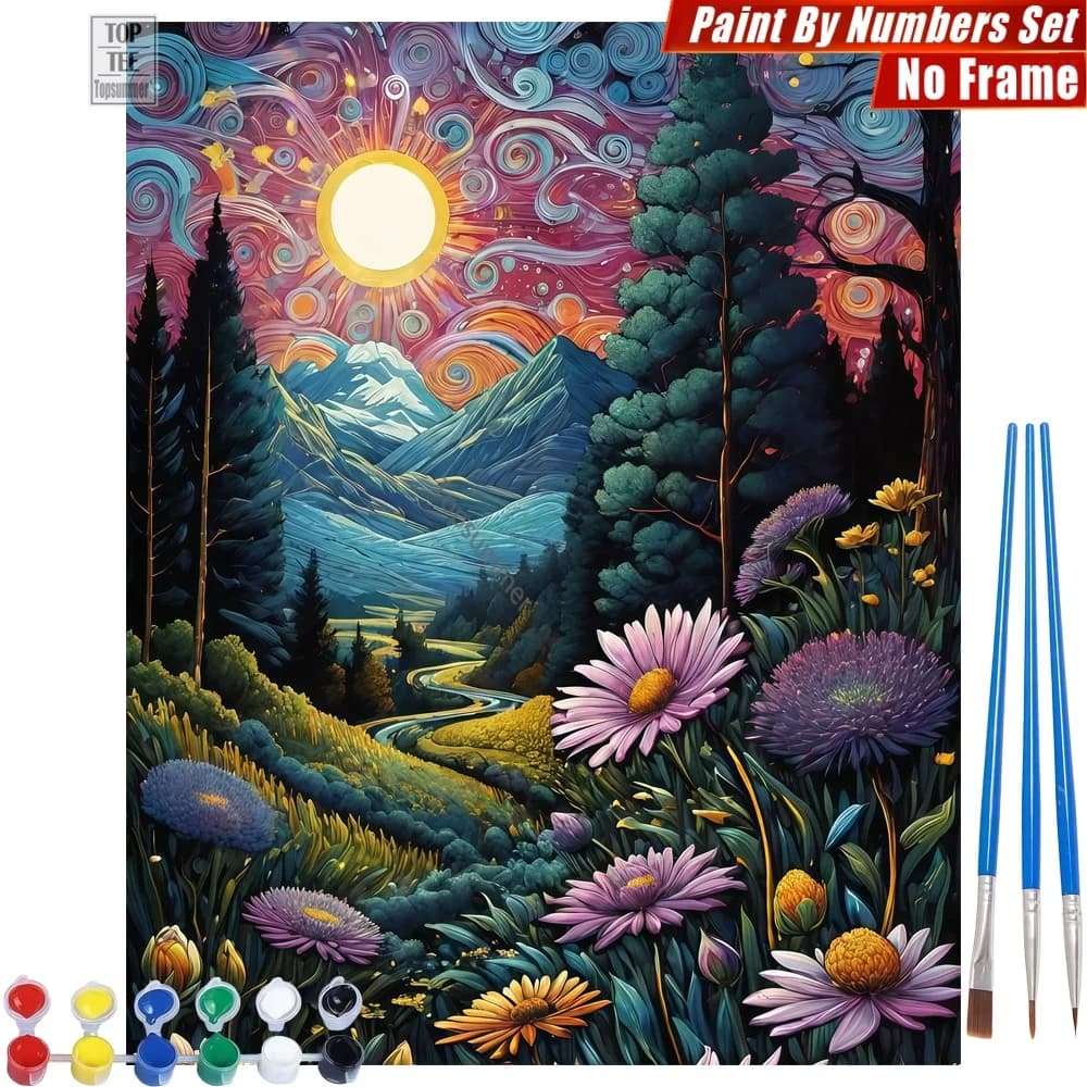 Mountain Wildflowers Starry DIY Digital Oil Paint Kit - Mountain Wildflowers Night Wall Art Home Decor Mother'S Day Gift For Mom