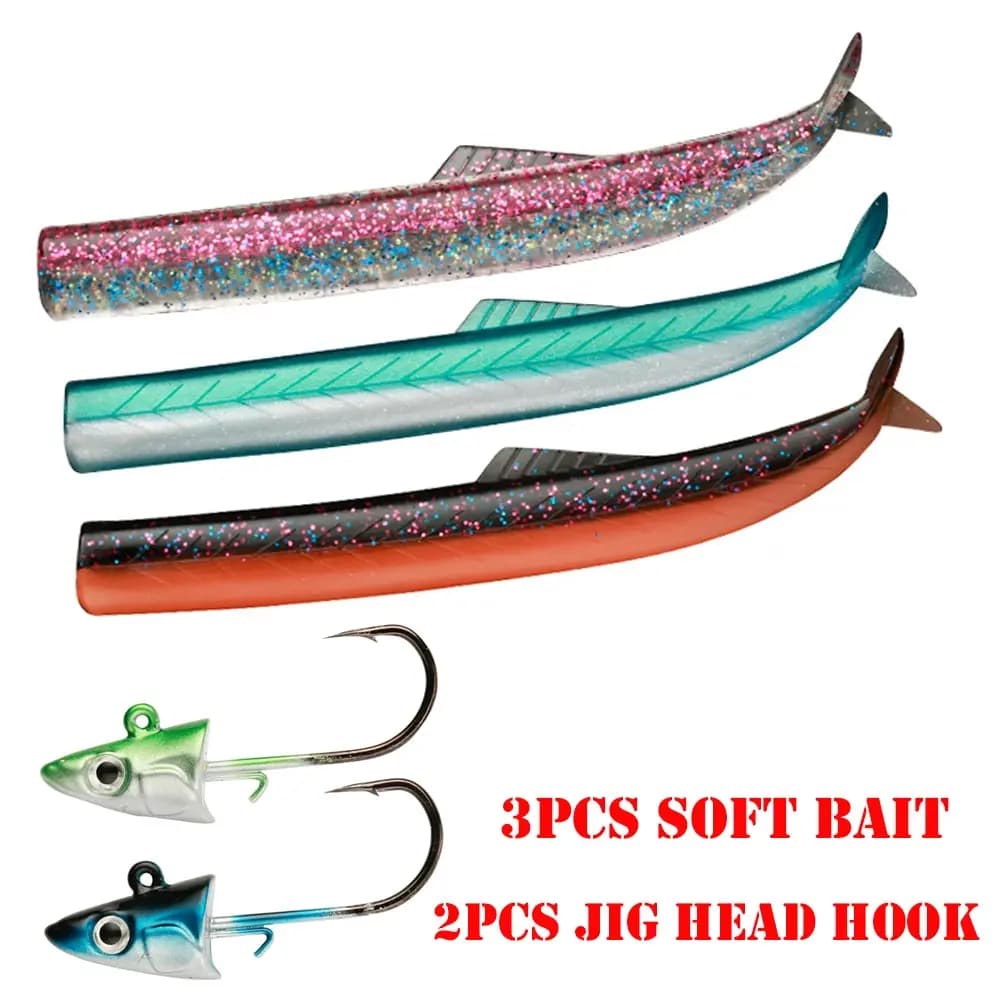 Esca da pesca morbida 10g 3 pezzi con gancio Flash Sand Eel coda artificiale con Jig Head Hook Minnow esca artificiale spigola di acqua salata