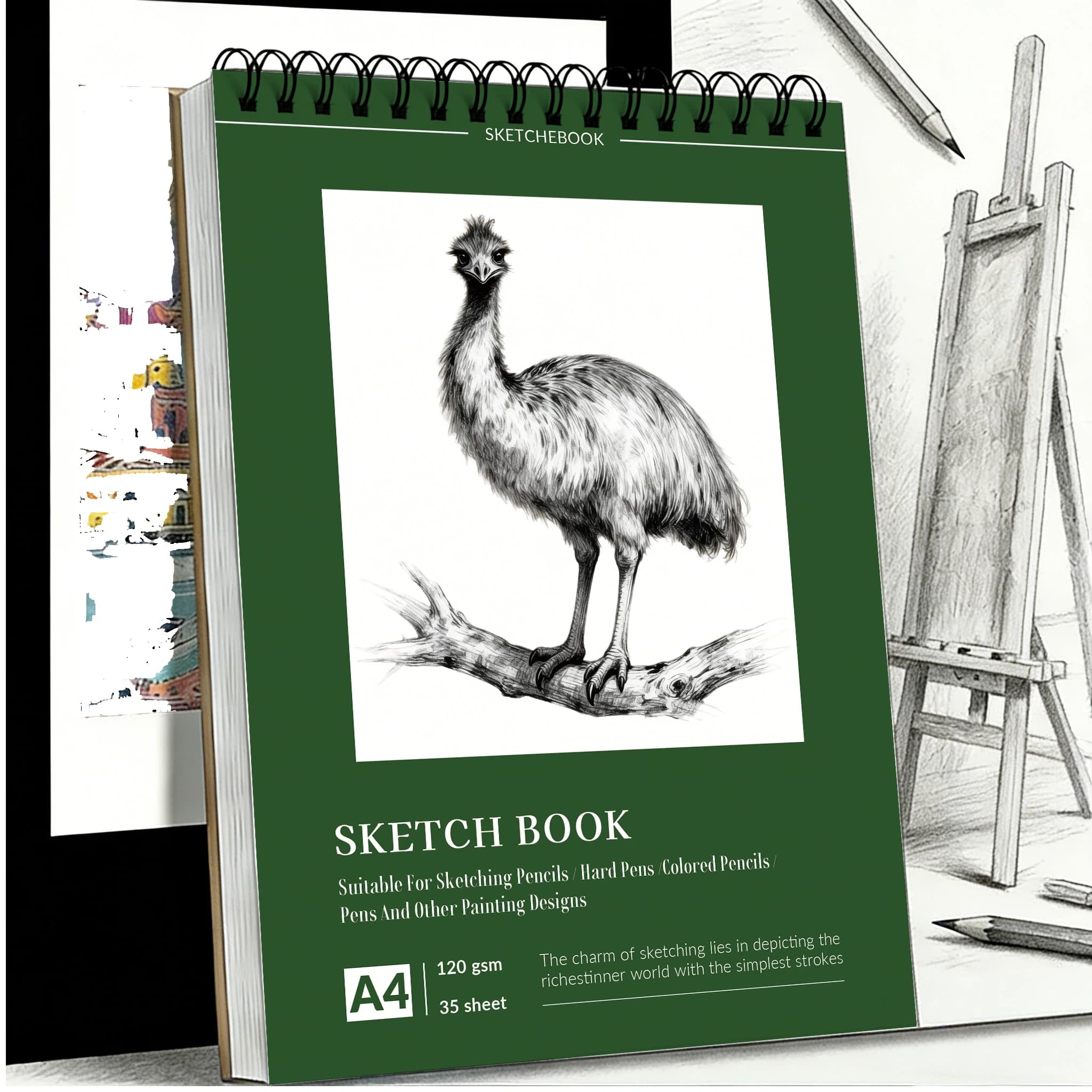 A4 Spiral Sketchbook with Emu Sketch Art Cover, 120 GSM Thick Paper, 35 Sheets, Multi-Media Art Pad for Pencils, Charcoal, Water