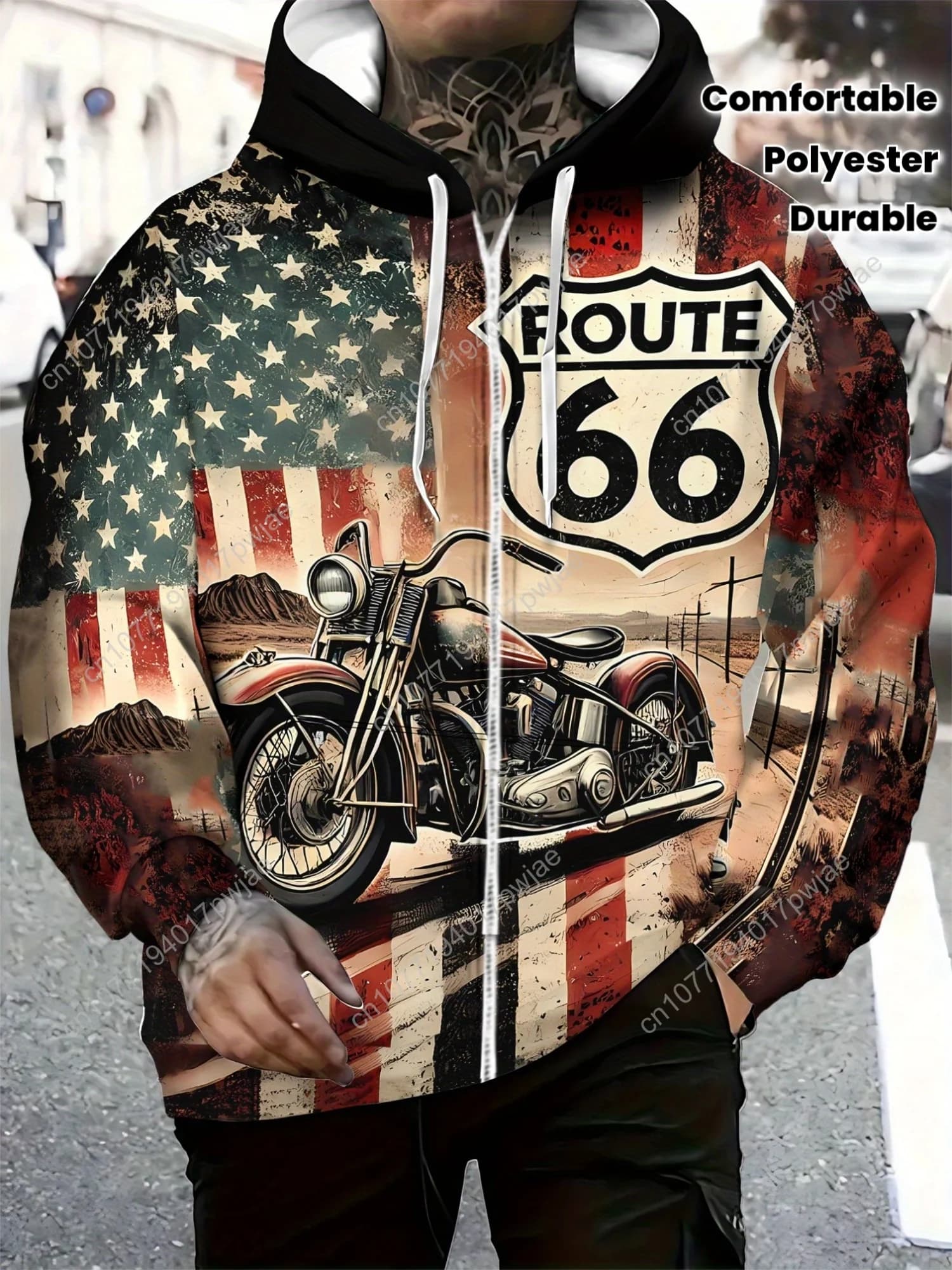 Men's sportswear with long sleeved hoodie with hood with vintage motorcycle print for outdoor travel, soft polyester fabric, blue white red