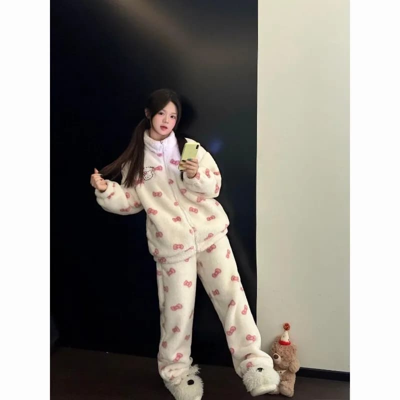 Pigiama Invernale Hello Kitty in Flanella con Cerniera, Maniche Lunghe, Set di Abbigliamento Caldo per Ragazze con Velluto Spesso