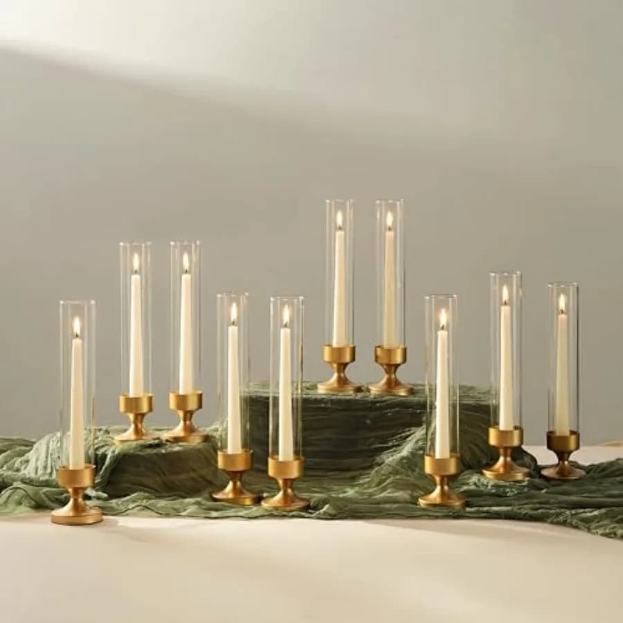 Portacandele Hurricane Glass: Set di 10 Portacandele in Metallo con Manicotti - Portacandele Dorati all'Ingrosso per Esterni