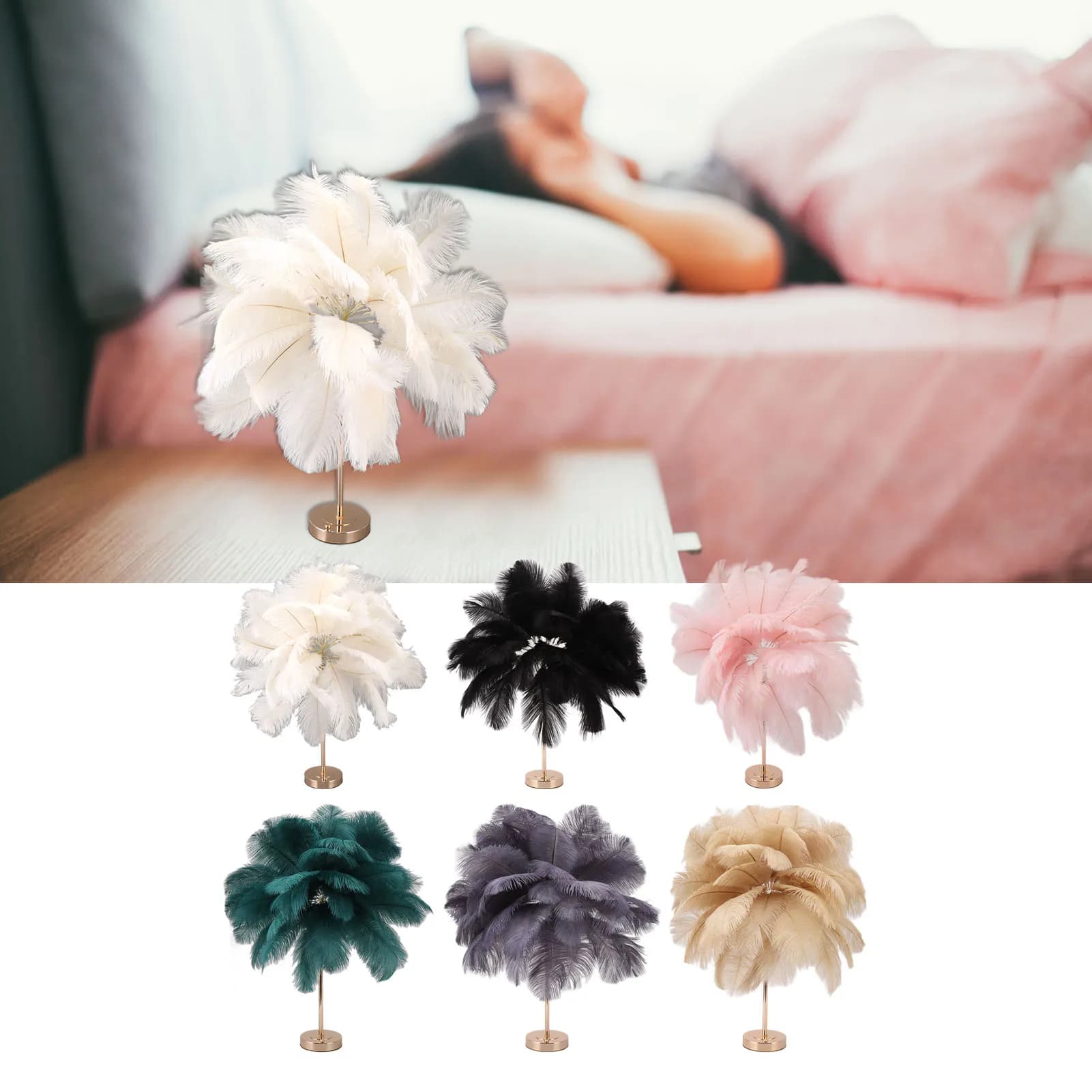 Decorative Lamp Touch Base Brushed Galvanic Process Rechargeable romantic table lamp in ostrich for bedroom