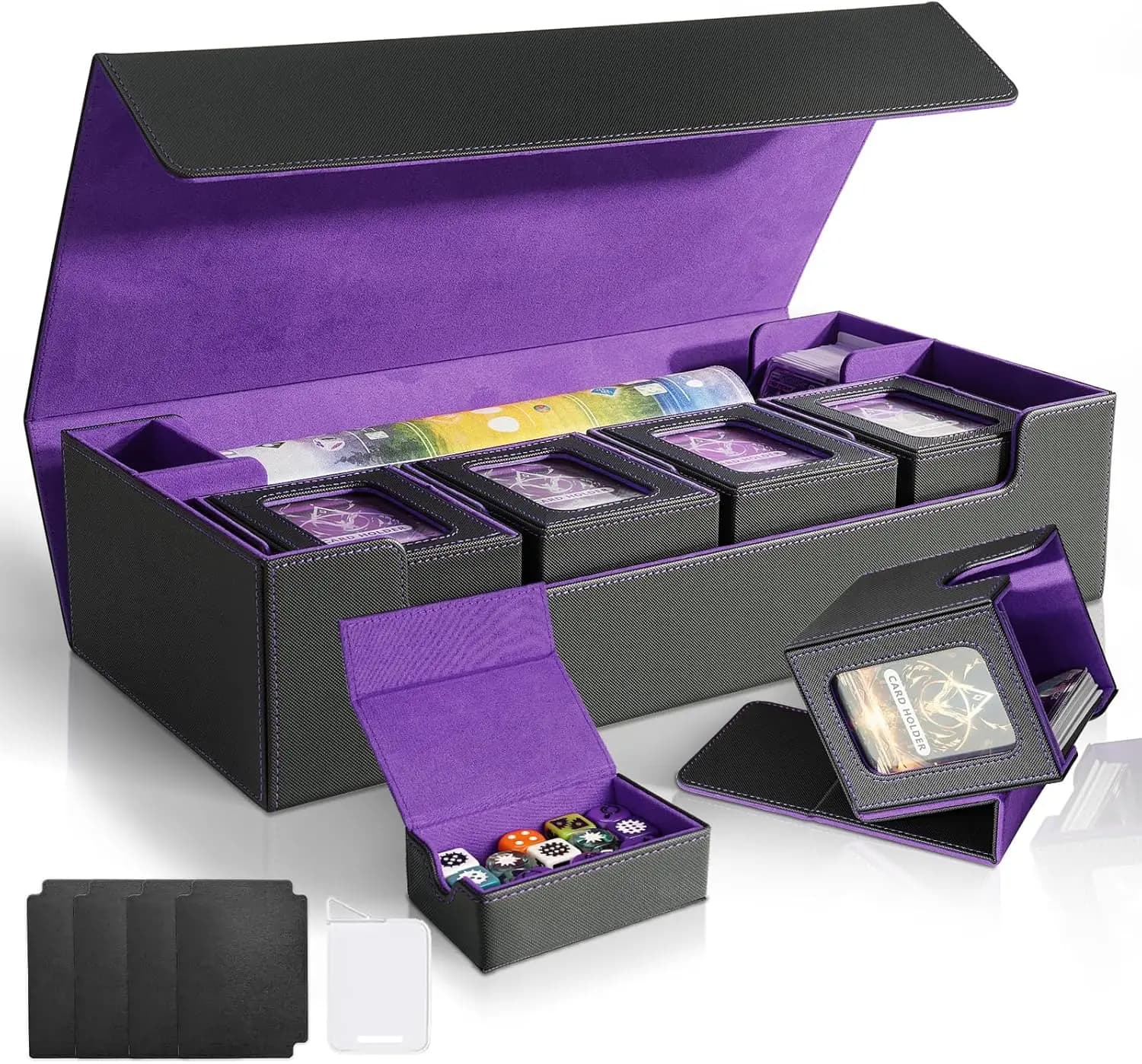Espositore Grande 6-in-1 per Carte con 5 Scatole Porta Mazzi e Vassoio per Dadi, Contiene Oltre 2400 Carte Collezionabili Senza Bustine (Set Nero e Viola)