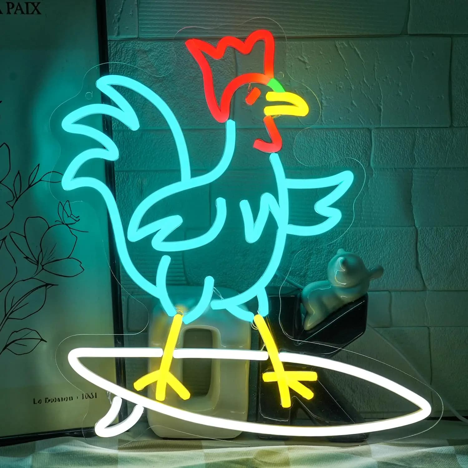 Insegna al Neon Skateboard di Pollo per Decorazione Murale, Design Colorato, Luce Dimmerabile, Alimentazione USB per Soggiorno, Bar, Camera dei Bambini