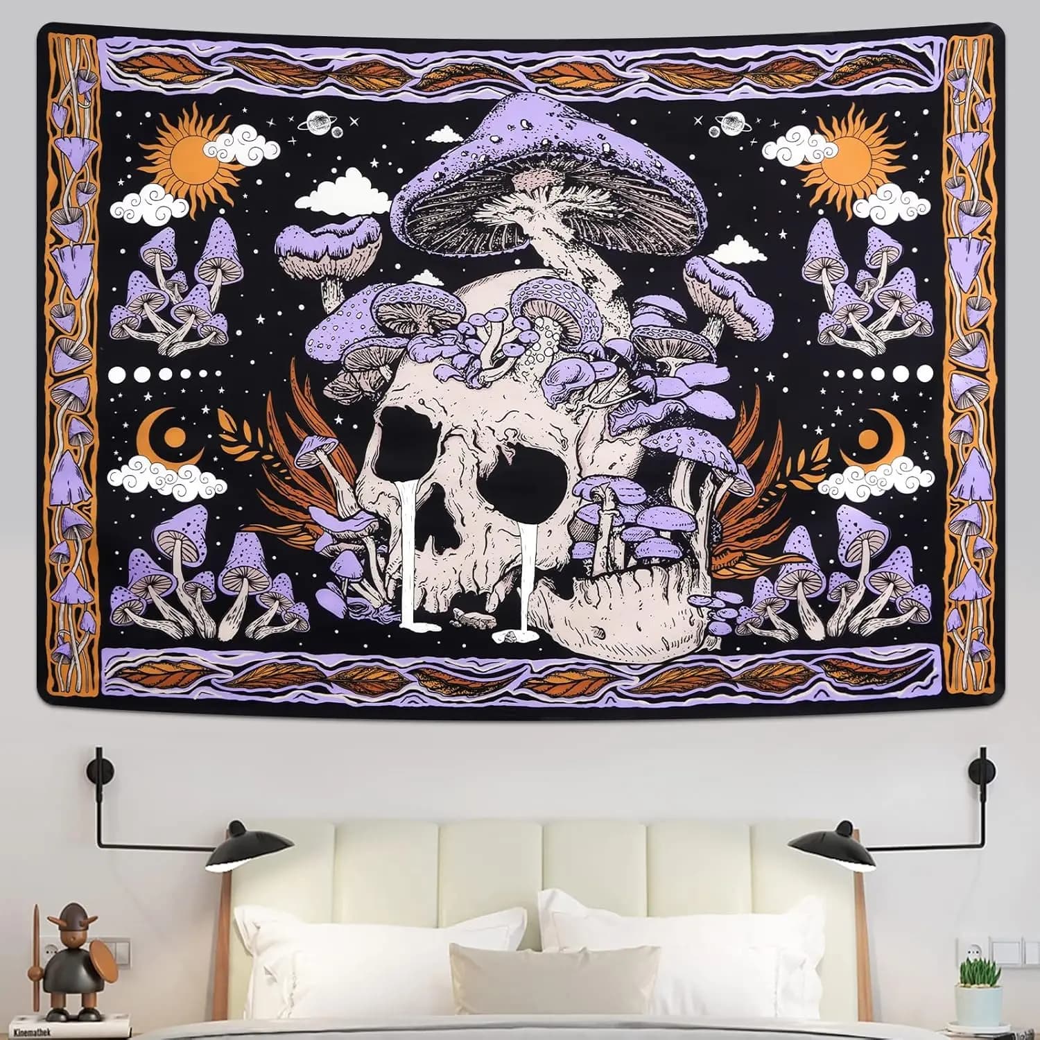 Trippy Purple Mushroom Skull Tapestry, Sun Moon Celestial Forest Print Wall Hanging for Bedroom Aesthetic Living Room Dorm Decor