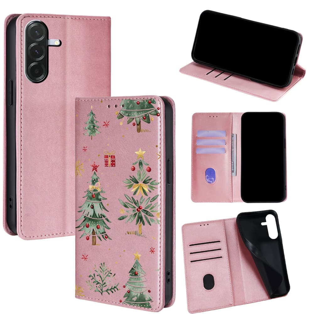 Leather wallet case with Christmas tree pattern for Samsung Galaxy A17 A07 A36 A26 S25 Ultra S25 FE S24 S23 S22 Plus Flip Cover