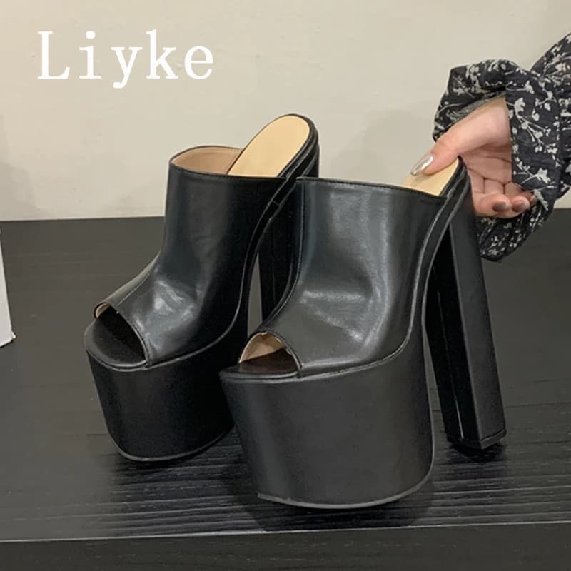 Liyke Runway Fashion 18CM Extreme High Heels Ladies Party Night Club Shoes Sexy Peep Toe Chunky Platform Women Slippers Sandals