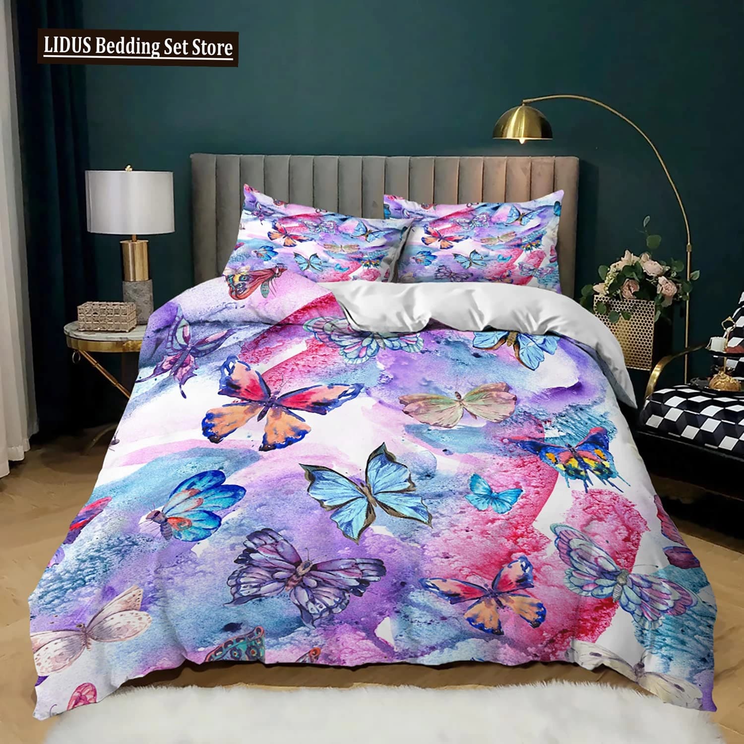 Butterfly Duvet Cover Set King Size Blue Purple Butterflies Printed Comforter Cover Set For Girls Kids Quilt Cover Pillowcases