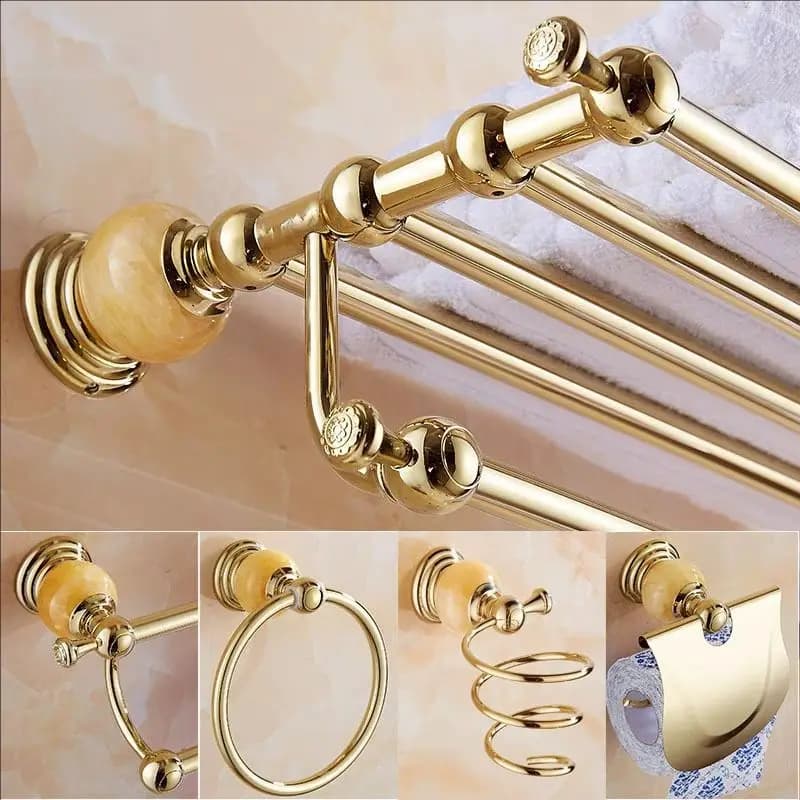 Set di Accessori Bagno di Lusso in Ottone Dorato, Set Hardware da Bagno a Parete, Prodotti per il Bagno, Porta Asciugamani in Giada Gialla