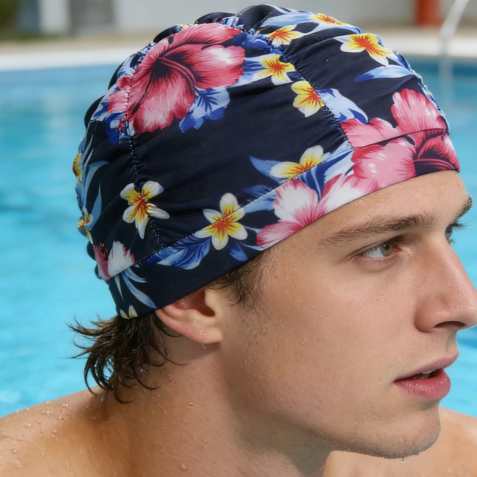 Cuffia da Nuoto in Tessuto Stampato Traspirante, Cuffia da Nuoto Oversize Leggera ed Elastica per Spiaggia/Piscina/Spa Indoor