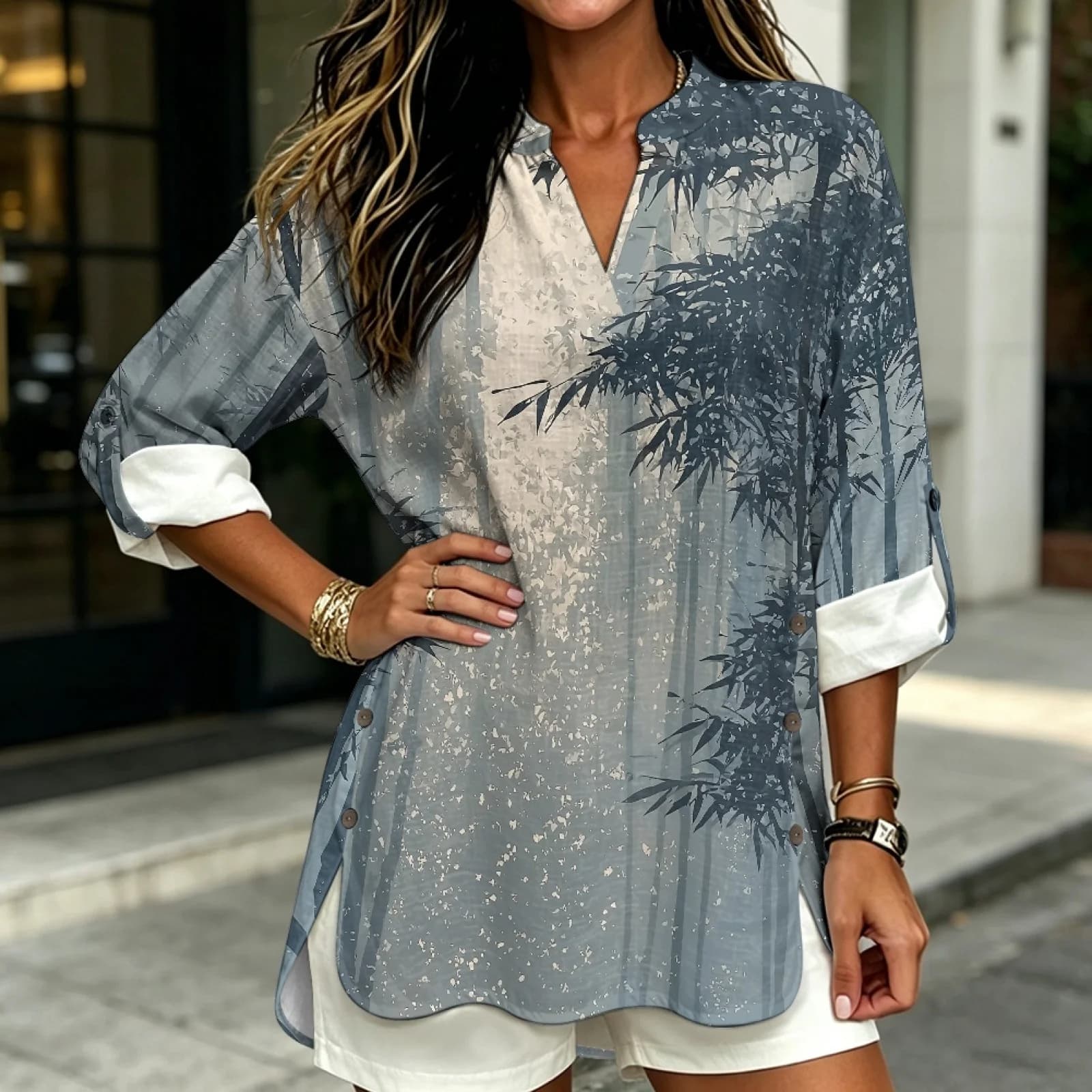 PENSTROLL Blue Forest Roll Up Sleeve Tunic Tops for Fall Linen Like V Neck Blouse Shirt Sizes S-5XL