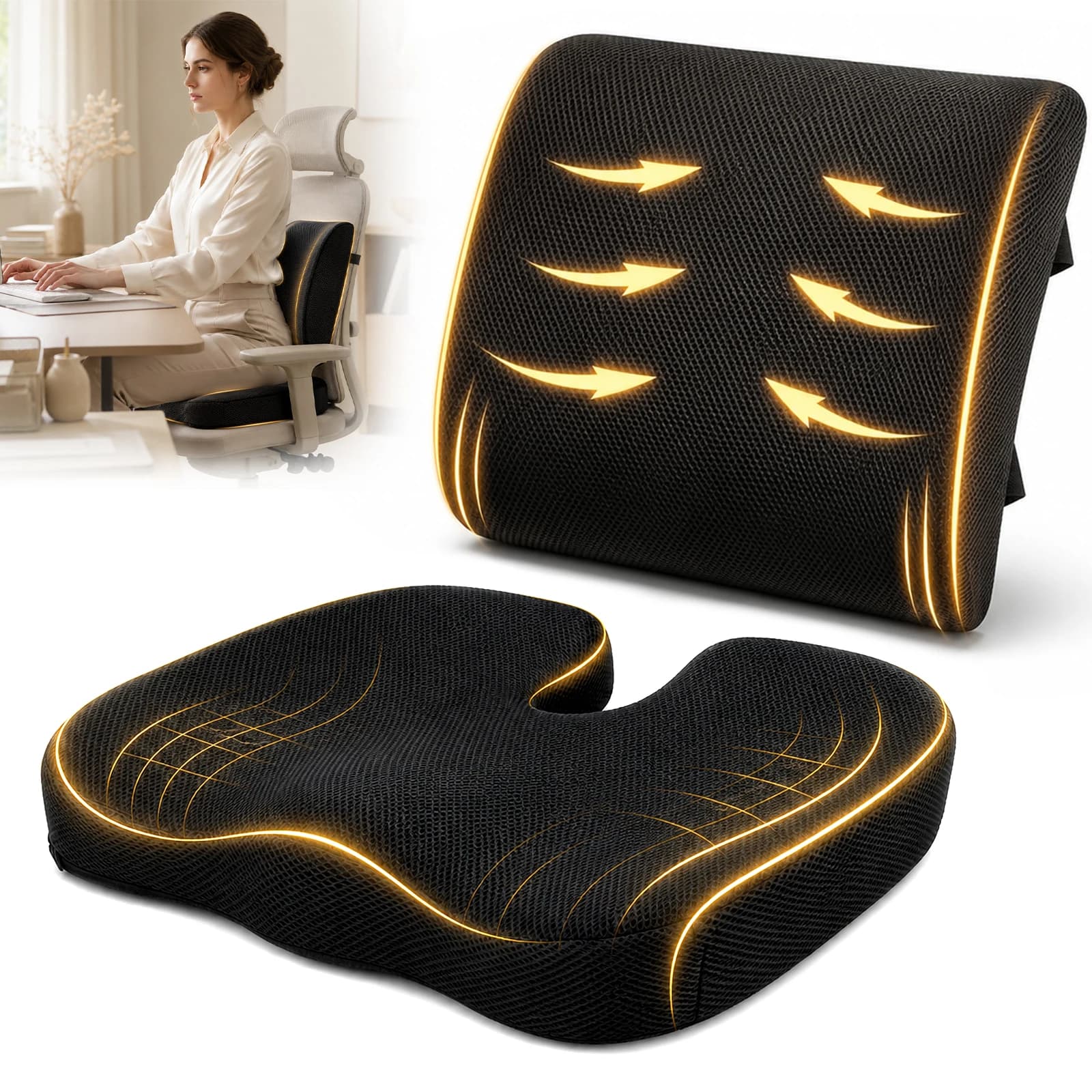 Ergonomic Memory Foam U Shape Seat Cushion with Lumbar Support Pillow Coccyx Pressure Relief for Office Car Wheelchair