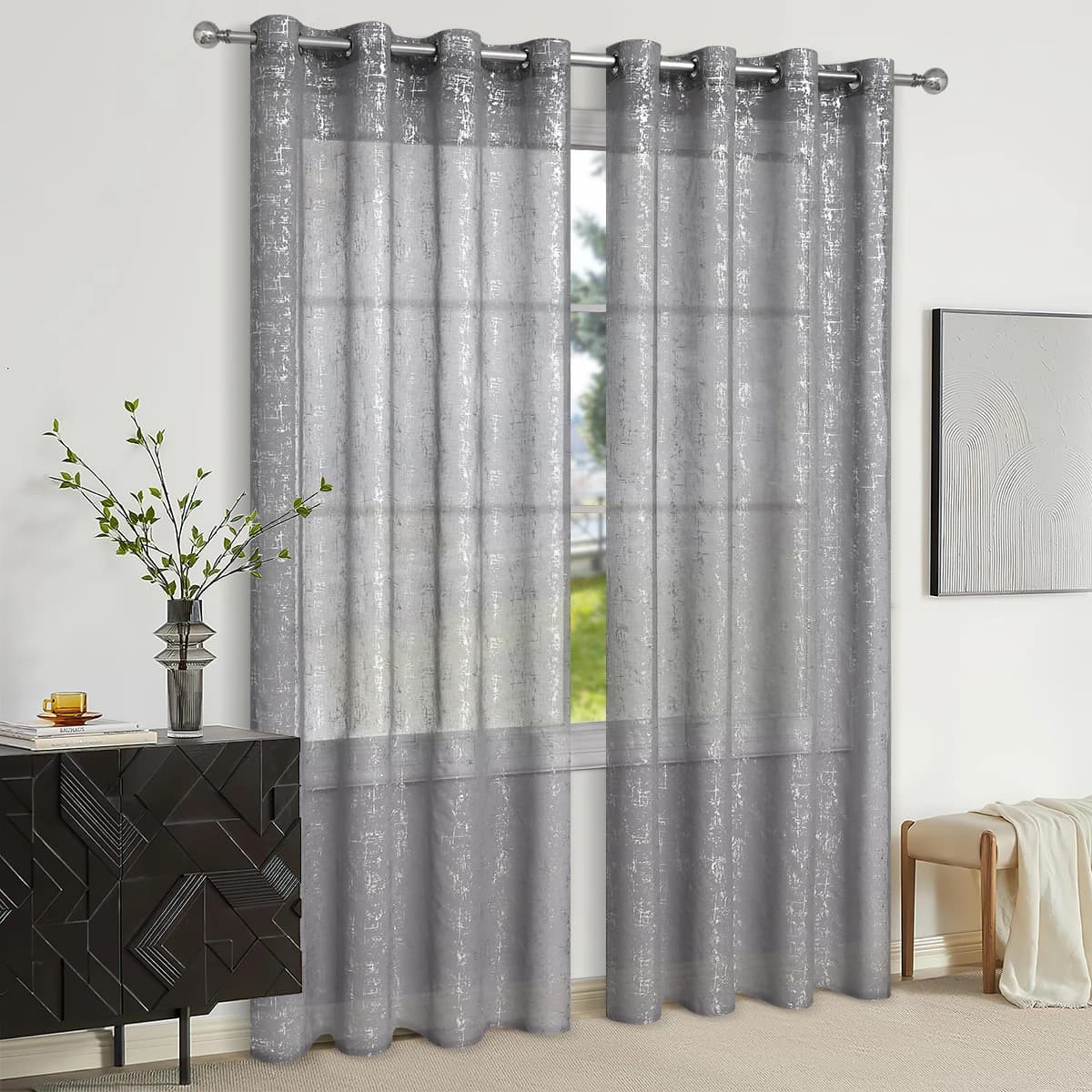 2PCS silver hot stamping small cross pattern semi blackout window screen curtains, suitable for living room and bedroom use