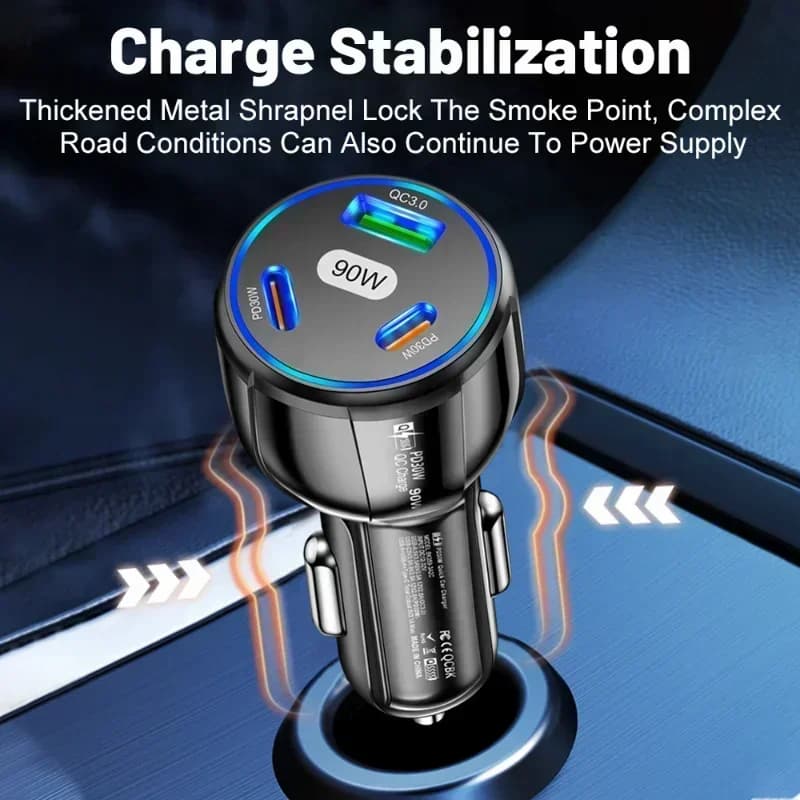 Caricabatteria da auto 3 in 1 90W QC3.0 PD Tipo C USB Telefono mobile Ricarica rapida per IPhone Xiaomi Samsung Strumenti adattatori per caricabatterie rapido per auto