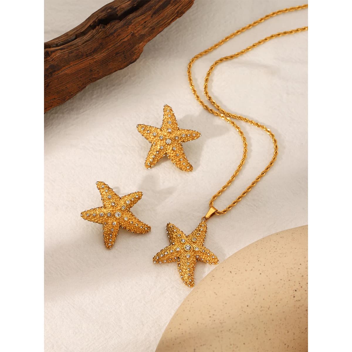 Set Collana e Orecchini a Stella Marina in Acciaio Inossidabile Placcato Oro 18K con Zirconi, Impermeabile, Ipoallergenico, Non Sbiadisce, per Donna, Uso Quotidiano, Festa, Regalo