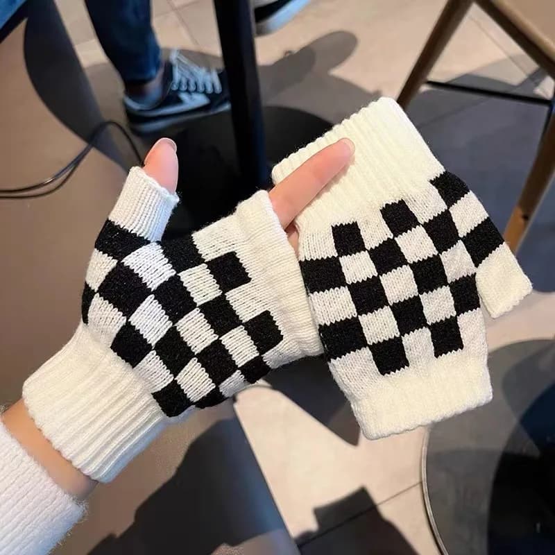 Nuova coppia guanti mezze dita a quadretti in bianco e nero da donna lavorati a maglia per studenti invernali che scrivono ciclismo caldo