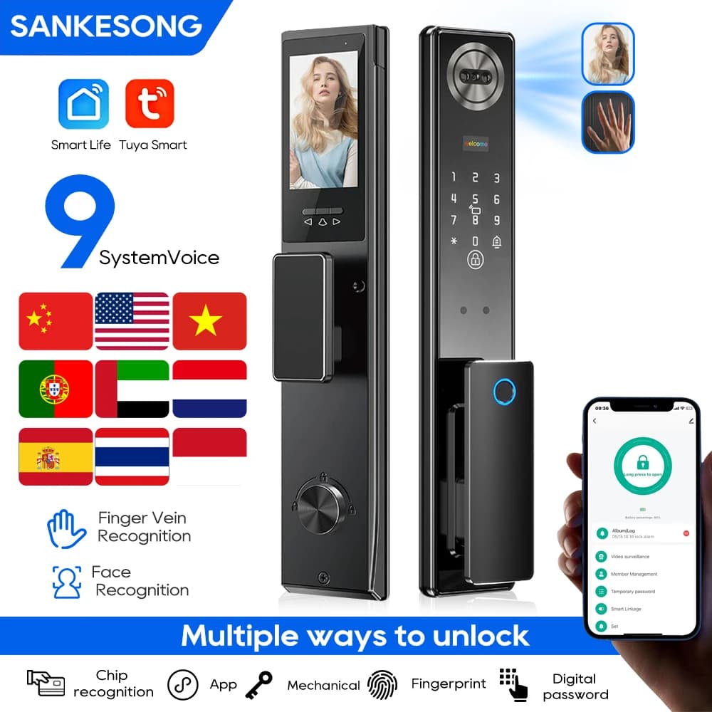 SANKESONG Serratura intelligente per porta con riconoscimento facciale 3D, serratura intelligente video con riconoscimento delle vene del palmo con fotocamera, WiFi integrato, controllo APP