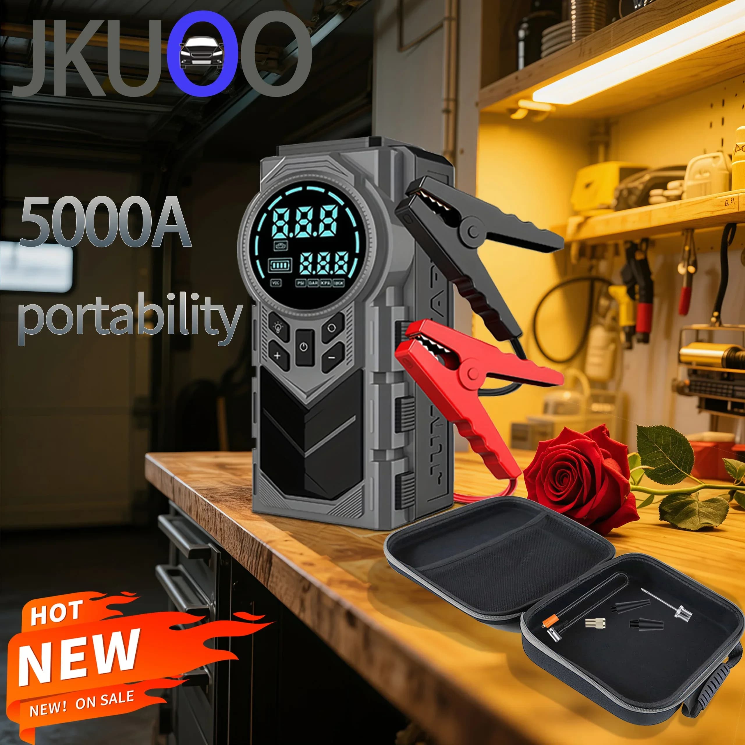 Avviatore di emergenza e gonfiaggio per pneumatici compatto 12V 2 in 1 - Gonfiaggio JKUOO 150PSI, -40 ° Porte USB con luce LED resistenti al C