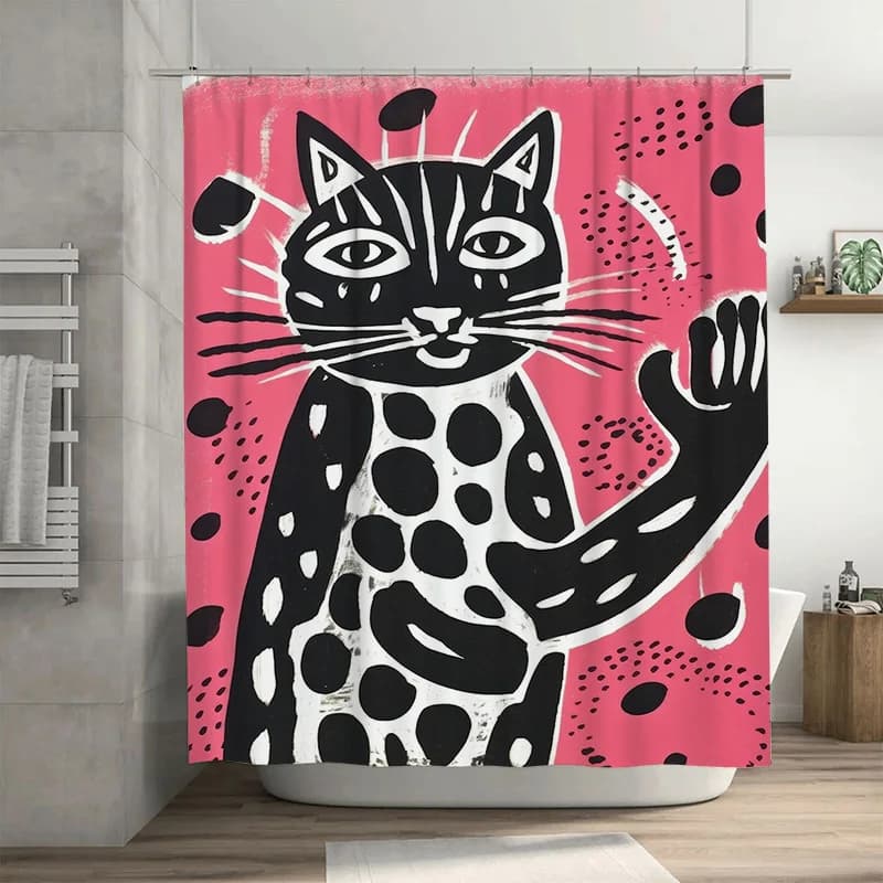 Tenda da doccia per gatti in bianco e nero, arredamento moderno per il bagno con accattivante design con stampa animalier per la decorazione domestica, sfondo rosa