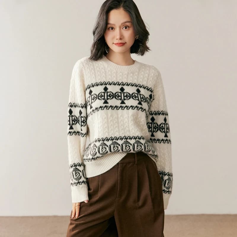 Pullover girocollo jacquard a sette aghi spessi da donna al 100% cashmere