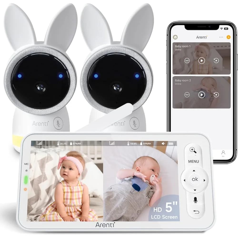 Baby monitor con 2 telecamere, telecamera intelligente per bambini 2K con display wireless aggiornato da 5', visione super notturna, luce respiratoria, culo
