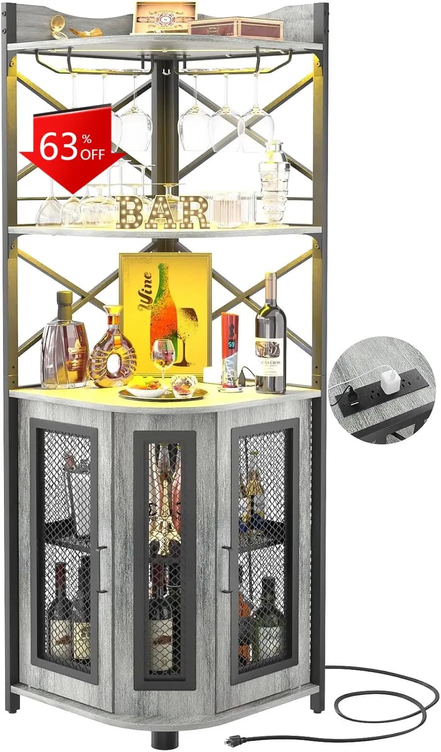 Mobile Bar Corner with Current Grip, Industrial Cellar with LED Strip and Glass Holder, 5 shelves Mobile Bar