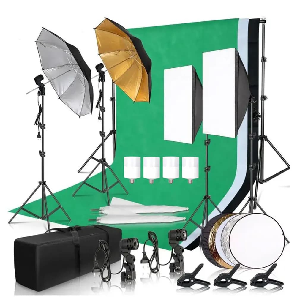 Lighting Kit for Photographic Studio with Softbox, Frame for Background 2,6x3M, 3 Fondali, Treppiede, Reflective Panel and 4 Parasols