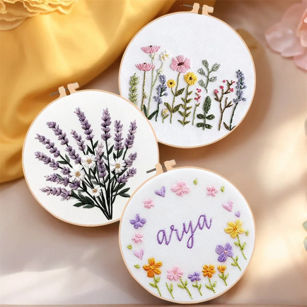 MomoArt Embroidery Kit Flower Design Needlework Cross Stitch With Hoops Lavender DIY Text Pattern For Adults Beginners Wall Art